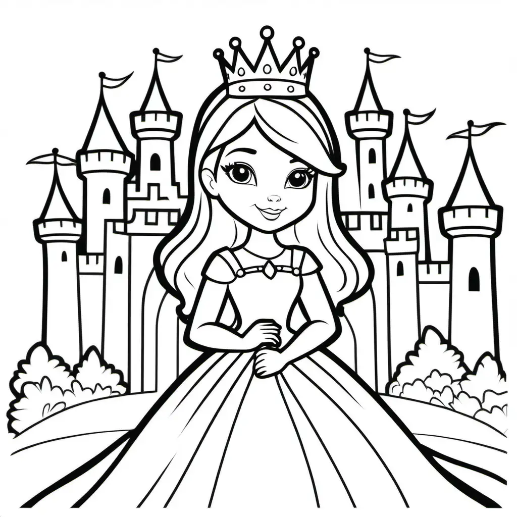 extremely simple. coloring pages for kids. princess with cat with crown in front of a castle, no background, thick black lines, no shading--9:16--vr5