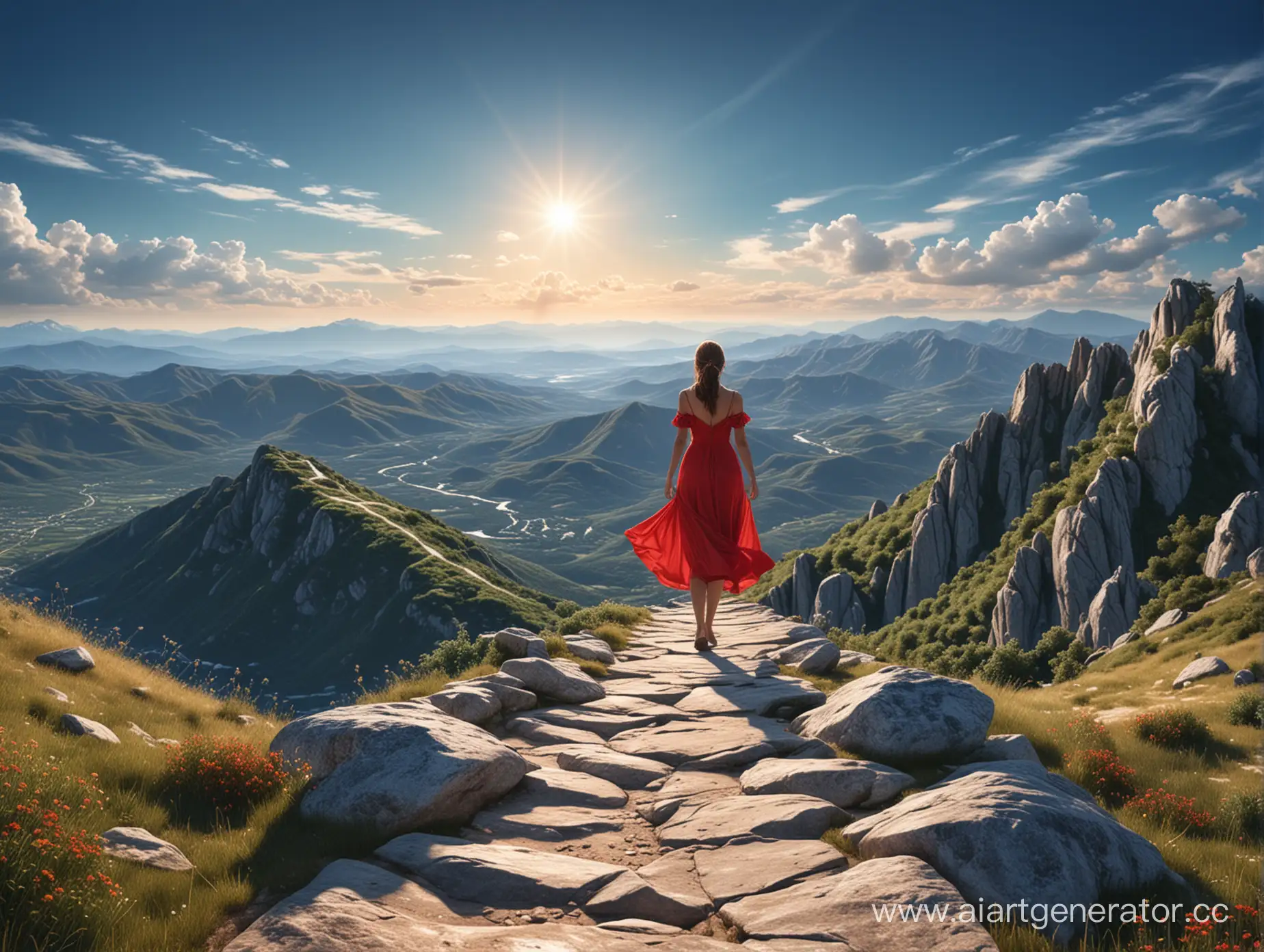 RedDressed-Girl-Ascending-Majestic-Mountain-Summit-in-Hyperrealistic-Summer-Scene