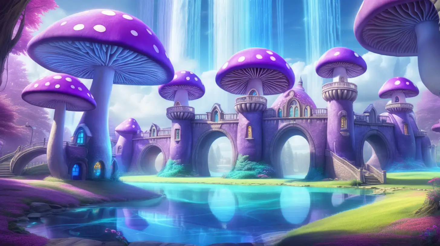 giant mushroom houses with doors and windows in blue and purple surrounding a glowing moat  full of light with a rainbow bridge