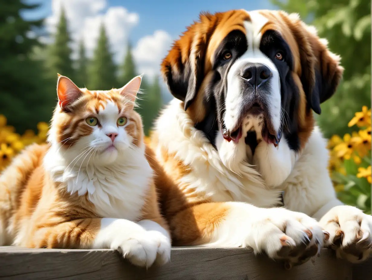 Photographically realistic, high definition, A St. Bernard dog and a cat are best friends forever. What a beautiful day in summer!