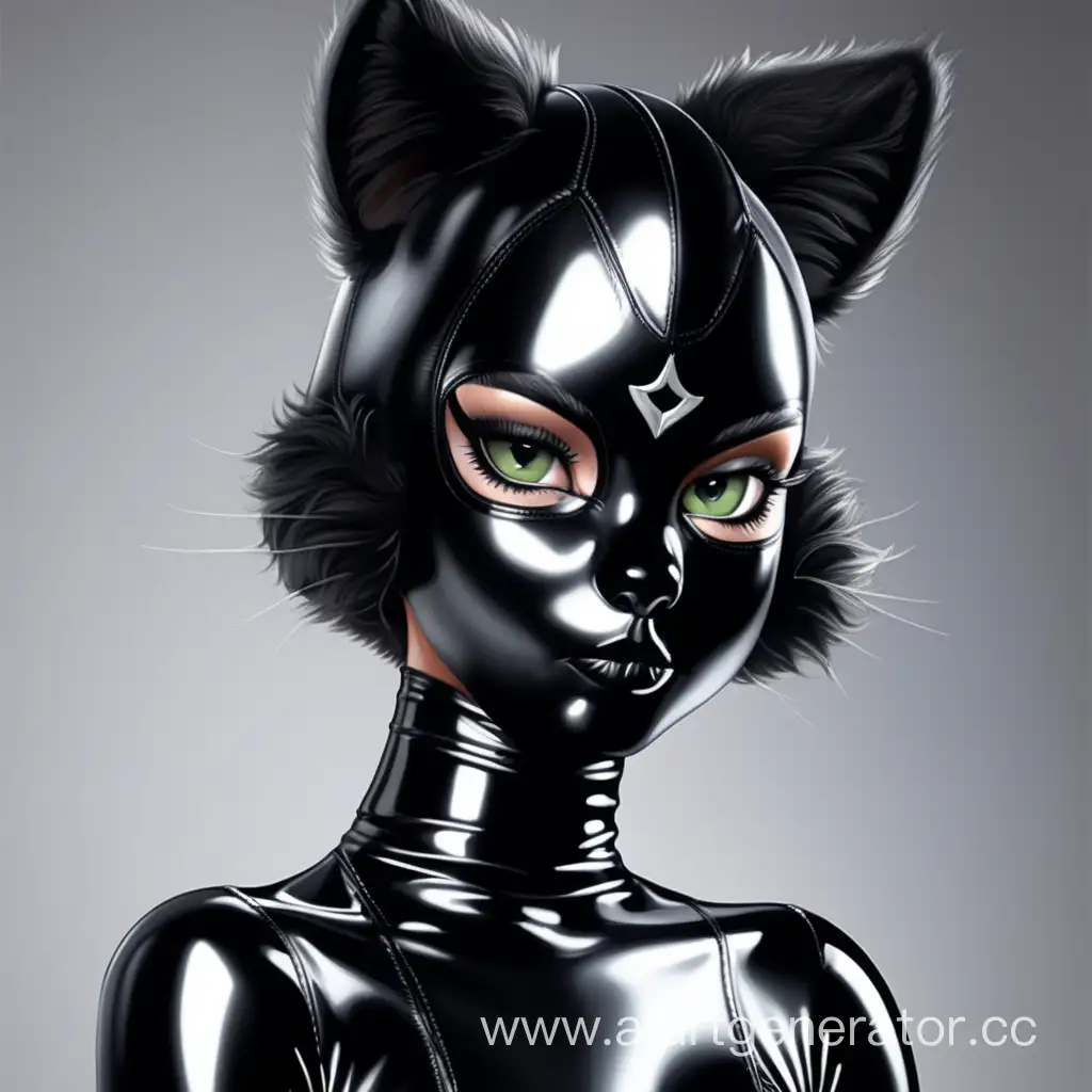 Латексная девушка фурри кошка с черной латексной кожей с черным латексным лицоч. Изображение сделать в милой стилистике