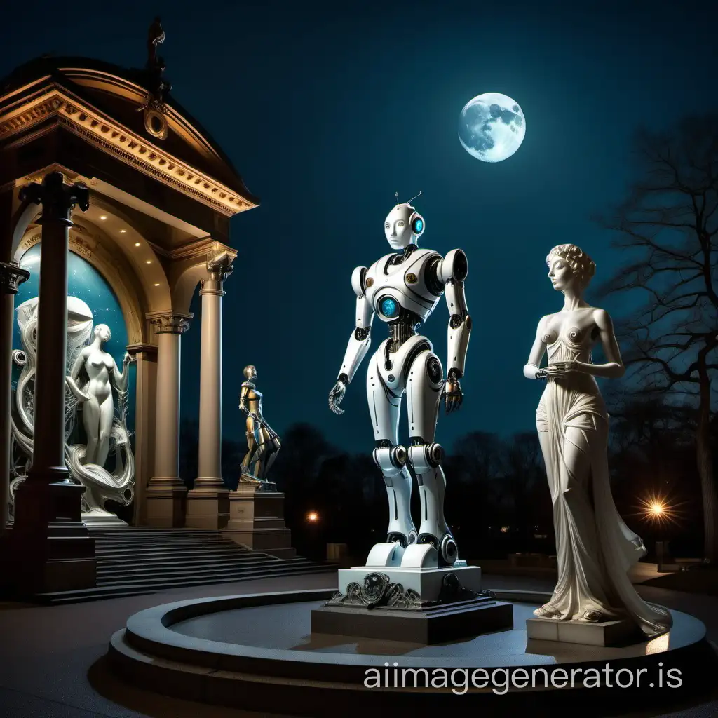 a robot visiting museum, surrounded by statue ,moonlight, art nouveau style,