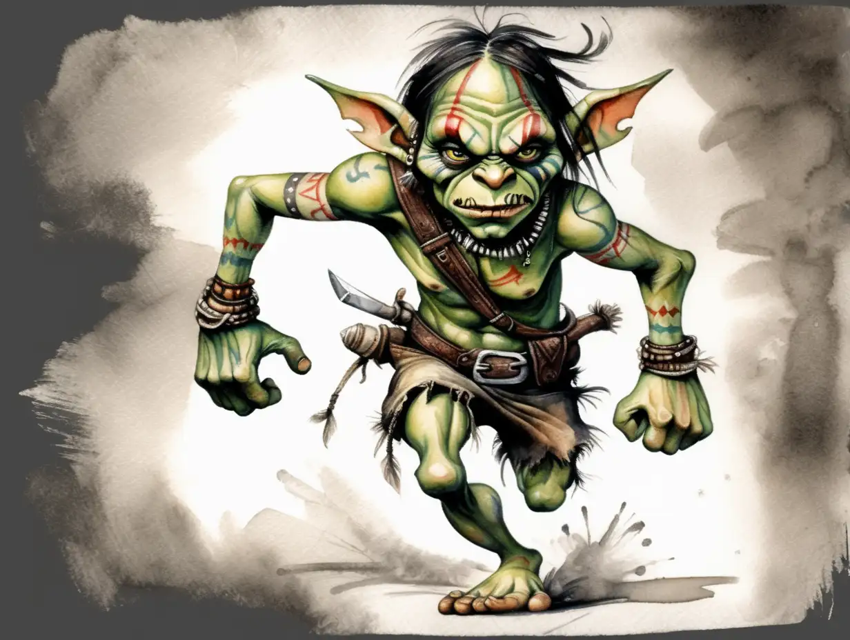 grungy short tribal fantasy goblin gang member running, no weapons, dark watercolor drawing, no background