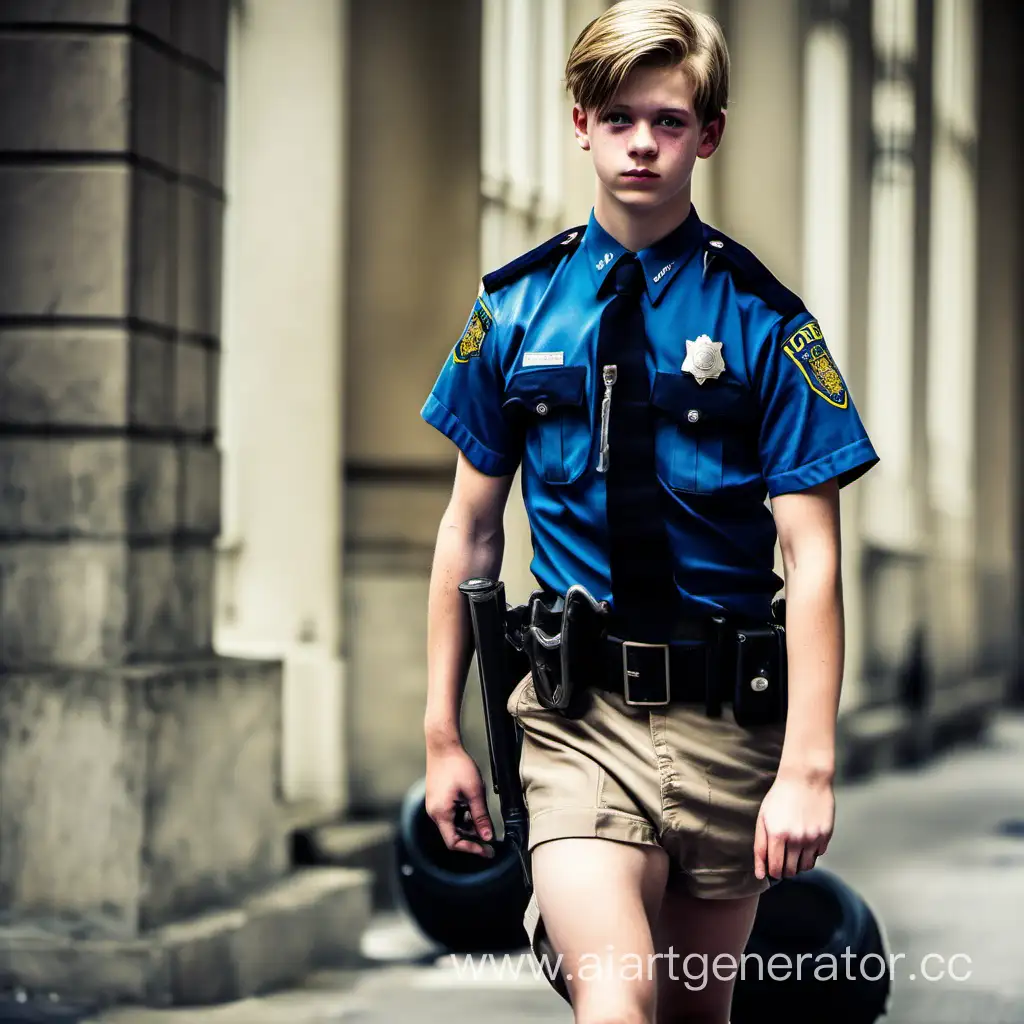 17 year old Louis Hofman police uniforme, shortless, shorts, in full legth