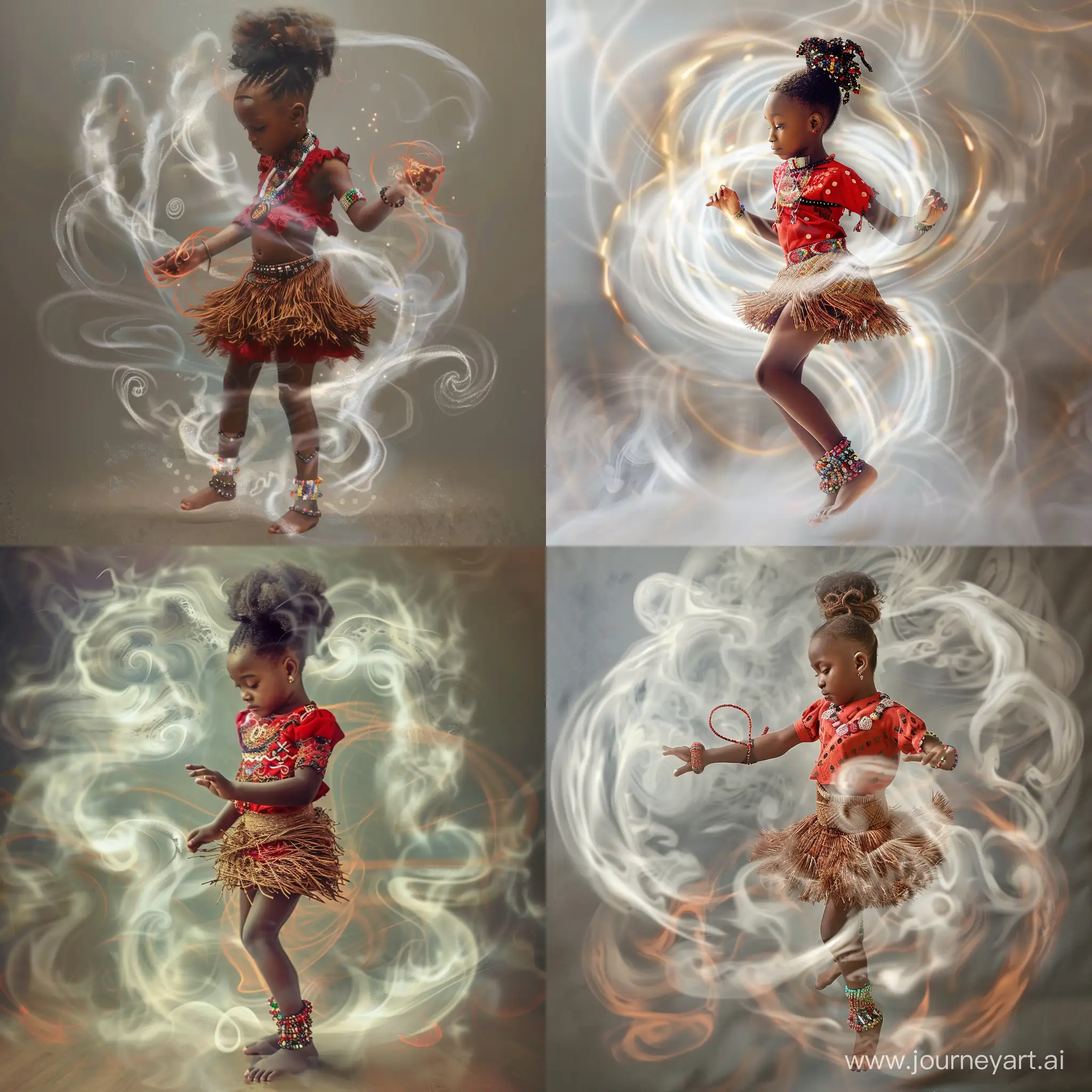 Create an image of a young Igbo girl of about 7 years in traditional dancing pose. She is wearing woven raffia palm short skirt for traditional dancing and her blouse is also short. Both are red in colour. Her hair is packed with in a high bun and held with multicoloured beads. She has beads around her ankles and her waist. She dances energetically with swirls of white mist around her, throwing off an aura of mysticism and surrealism around her.