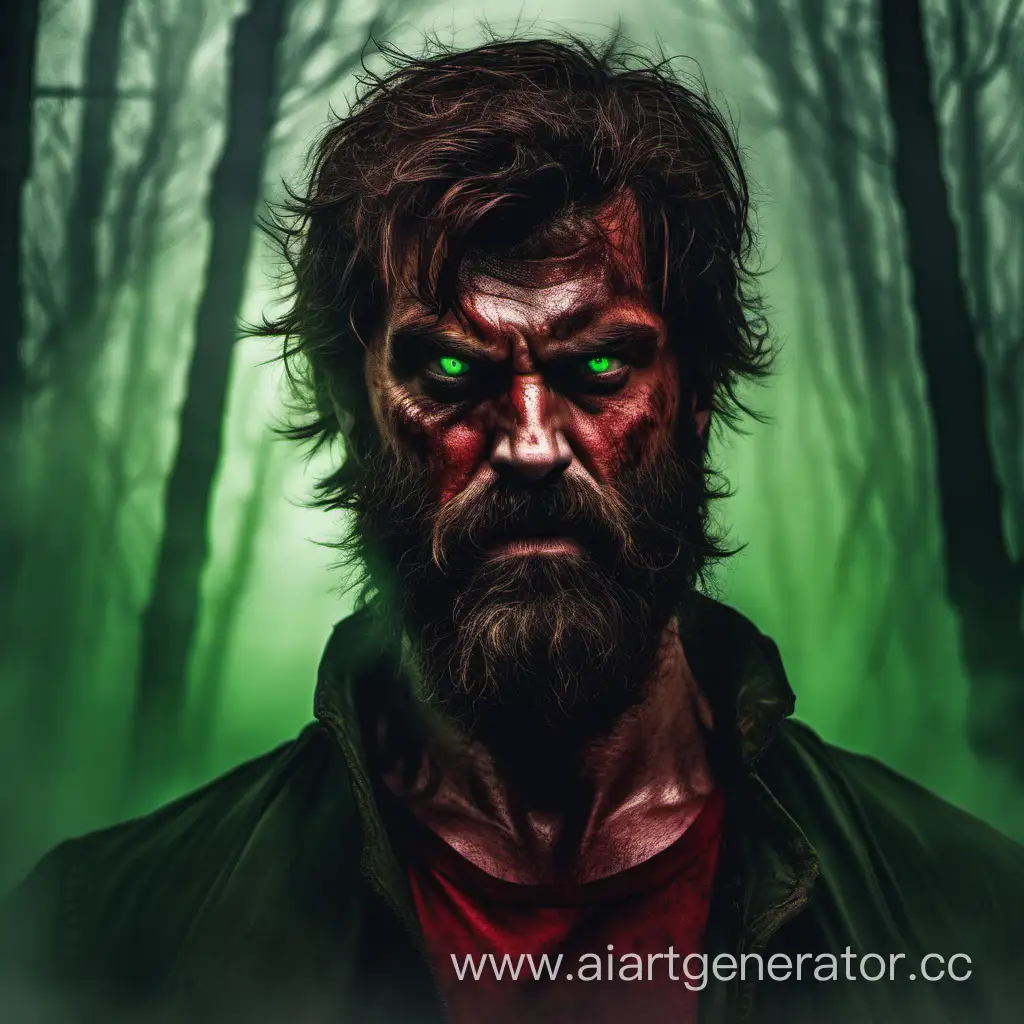 Angry man with brown hair, a bushy beard, green eyes, with RED dark fog all over, in the forest
