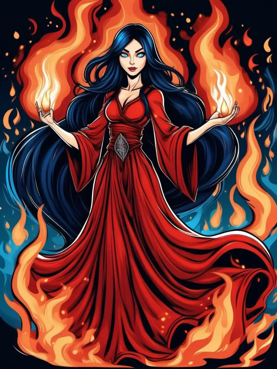 a girl that is a sorceress in a cartoon style with a long red magical dress in a magic background with long black hair and blue eyes and a black contour playing with fire 