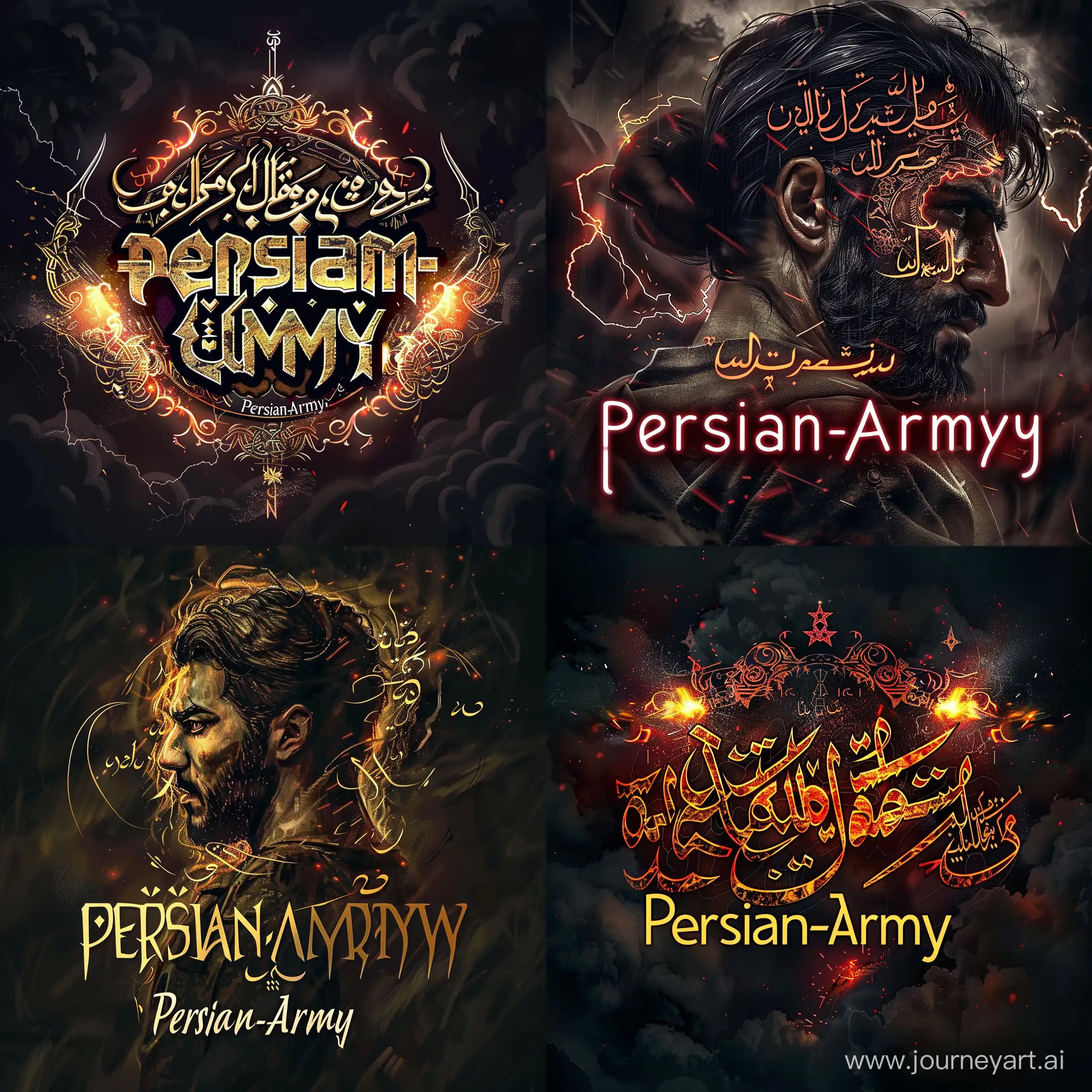  an impressive profile picture with the phrase “Persian-Army” prominently featured, incorporating elements of strength and valour, with Persian calligraphy and symbols of power and heritage, high-contrast lighting for a striking effect --ar 1:1
