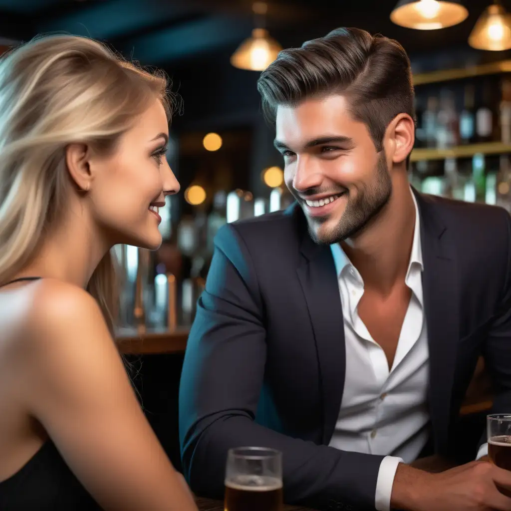 Charismatic Man Engaging with Women at a Vibrant Bar