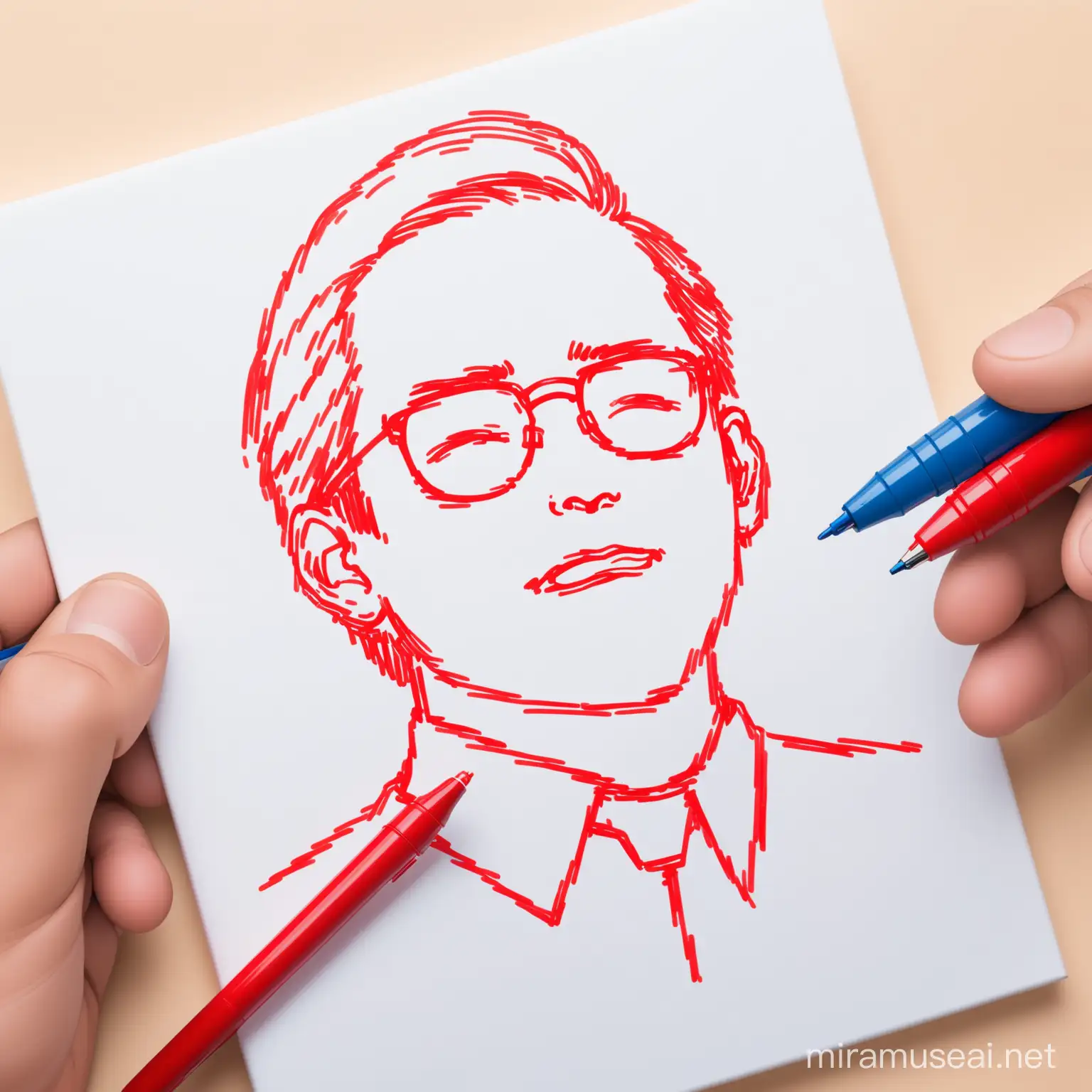 Generate animation picture of a man holding a red and blue pens