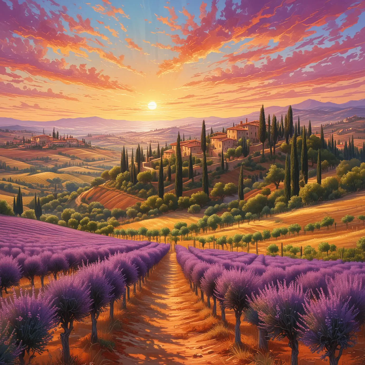 Sunset Over Tuscan Countryside Golden Glow and Rolling Hills