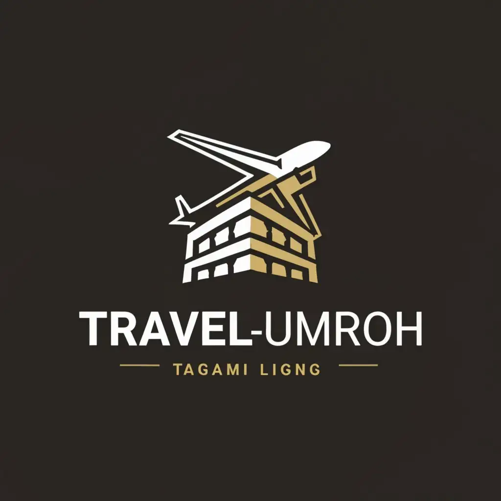 a logo design,with the text "travelumroh", main symbol:shilouette plane in kaabah

,Minimalistic,clear background