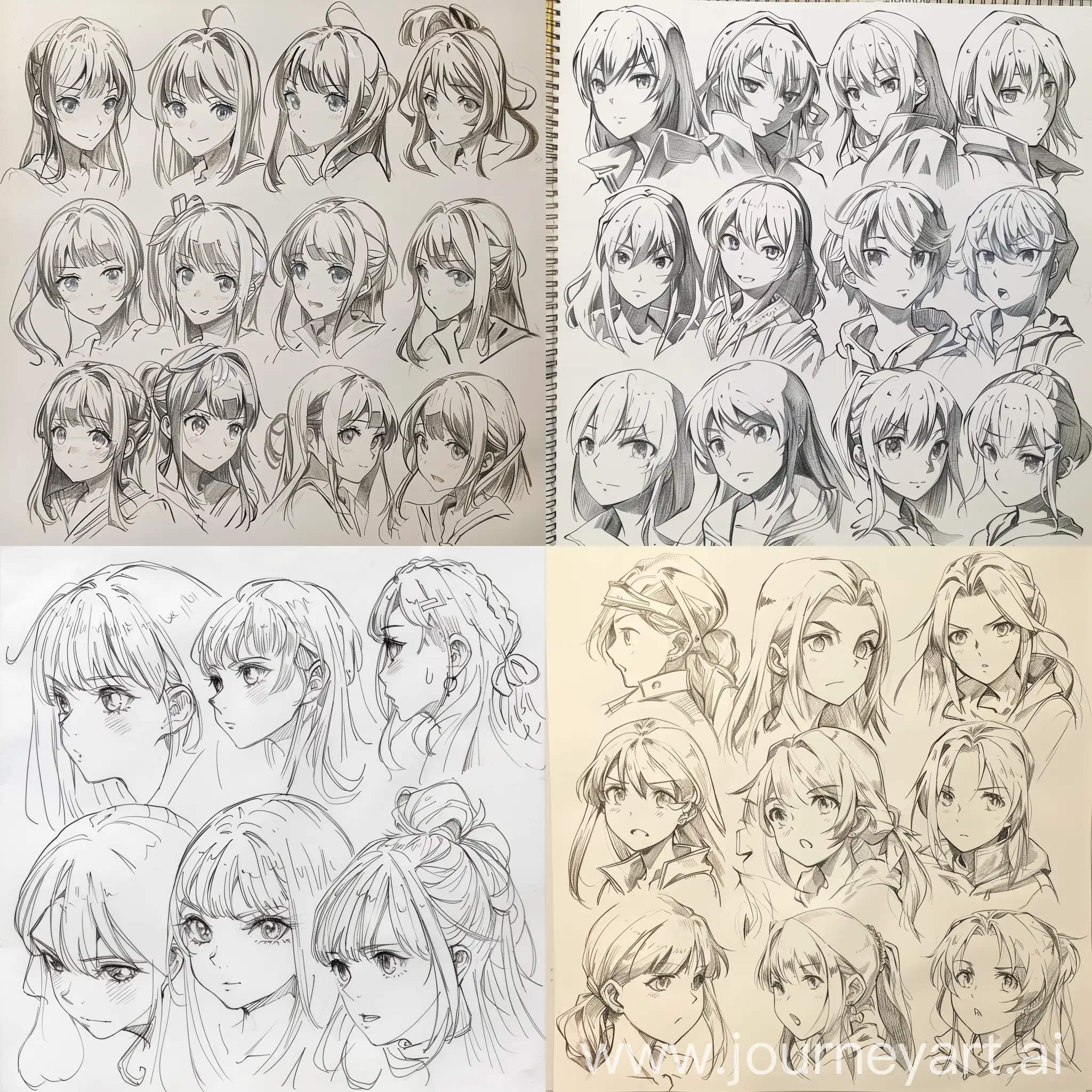 anime reference in drawing style. full drawing sheet