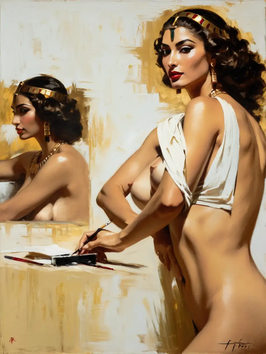 A very authentic nude oil painting of Egyptian Princess Nefertiti by Fabian Perez & Andrew Atroshenko , visible strokes with a flat brush , painted with a flat brush