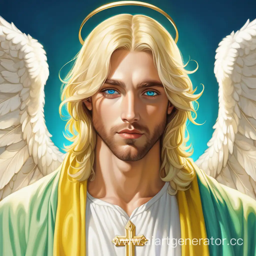 Голубоглазый ангел, похожий на Иисуса, блондин молодой мужчина в желтой и зеленой роскошной одежде с белыми крыльями