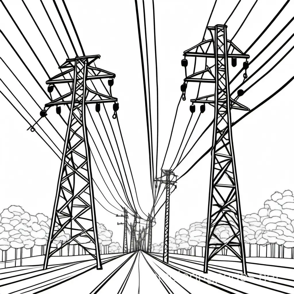 Transmission poles coloring book page, Coloring Page, black and white, line art, white background, Simplicity, Ample White Space. The background of the coloring page is plain white to make it easy for young children to color within the lines. The outlines of all the subjects are easy to distinguish, making it simple for kids to color without too much difficulty