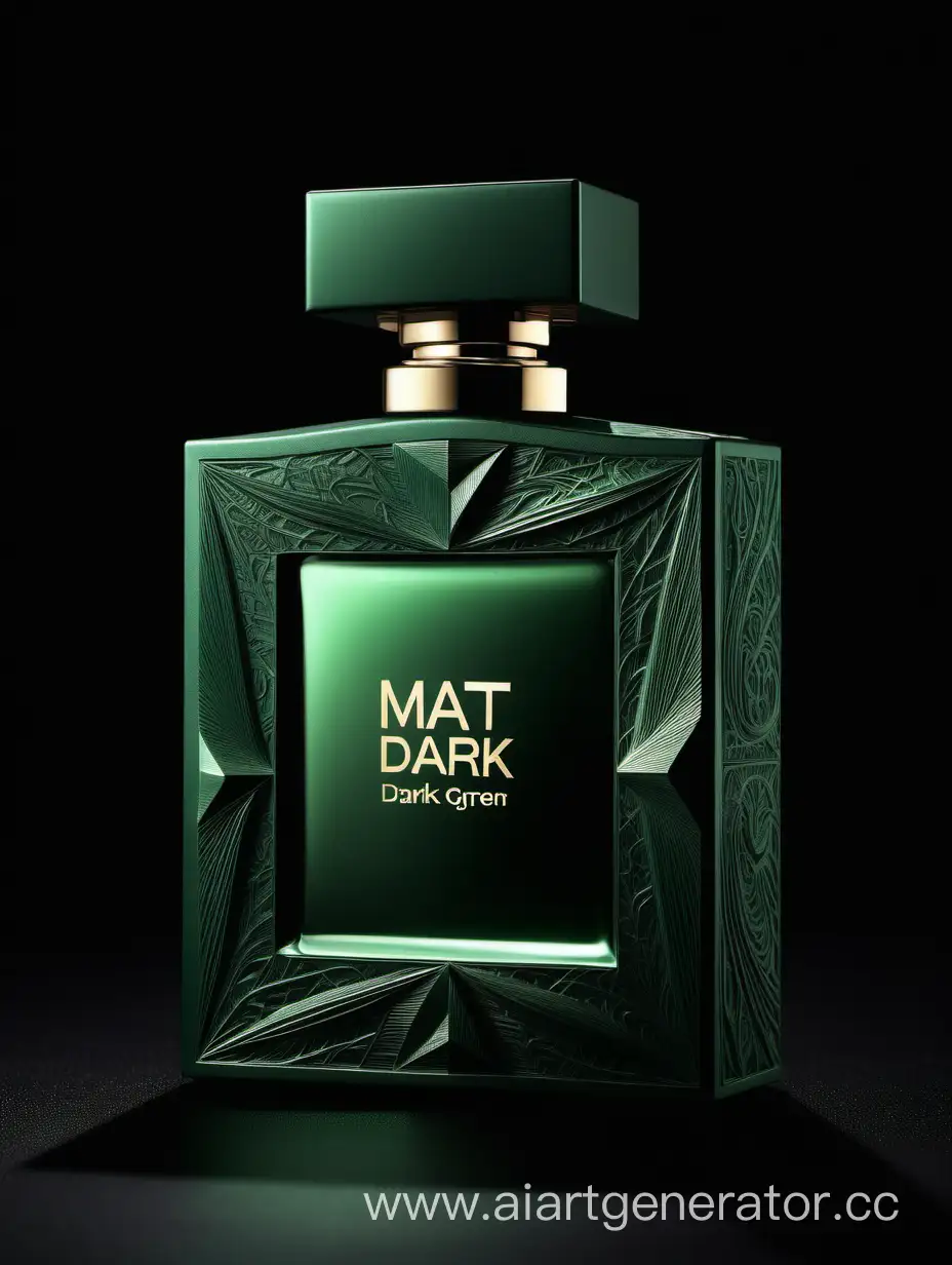 matt dark green perfume))), textured crafted with intricate 3D details reflecting light around a ((black background)), with a elegant ((text logo))