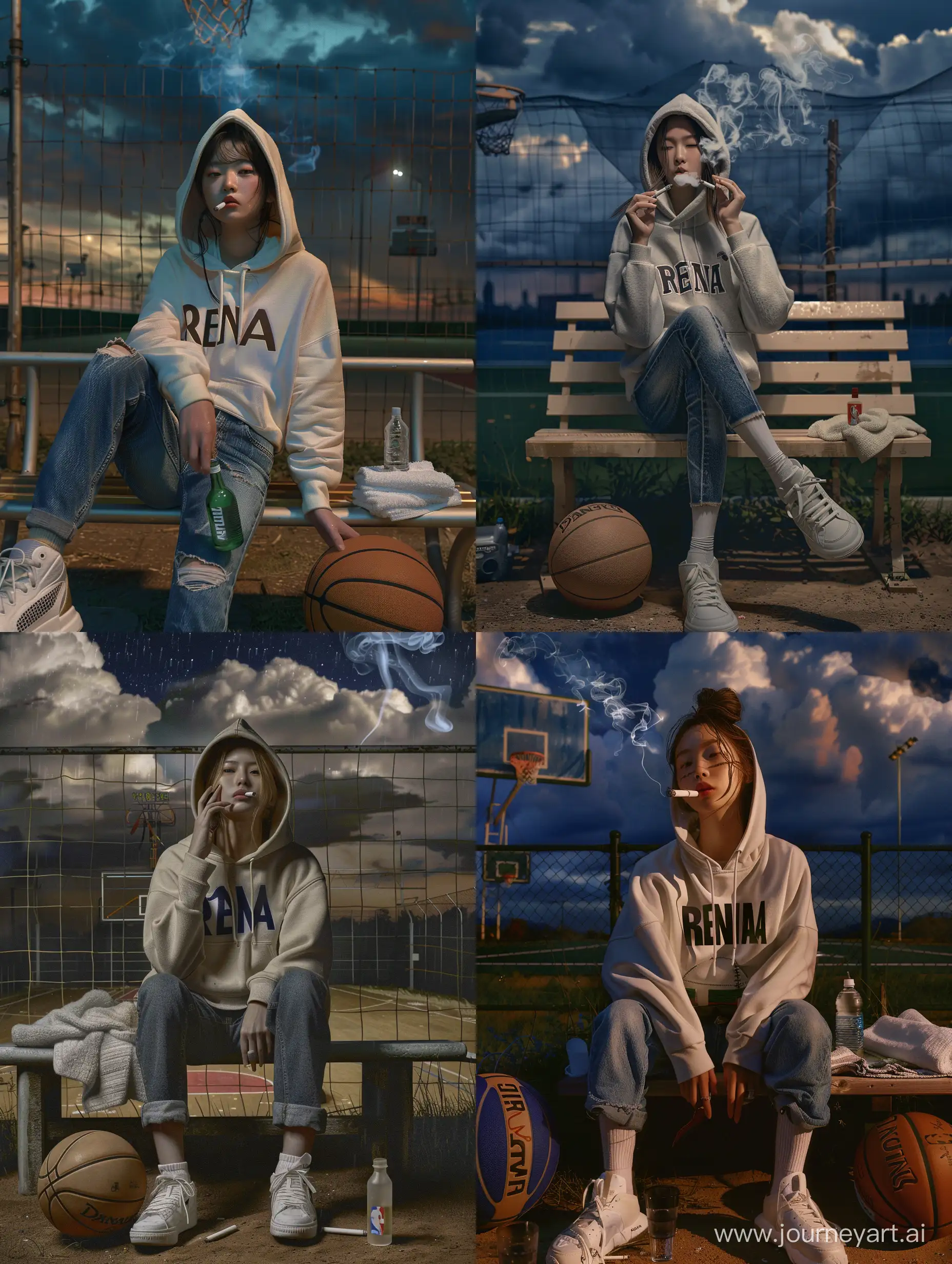 Beautiful Korean woman with tied hair wearing a hoodie that says "RENA", jeans and white shoes, face must look real and detailed, sitting on a bench in front of the field fence, while smoking, basketball court background, basketball, small towel, drinking bottle, ultra HD, cloudy night, real photo, high detail, ultra sharp, 18mm lens, realistic, photography, Leica camera