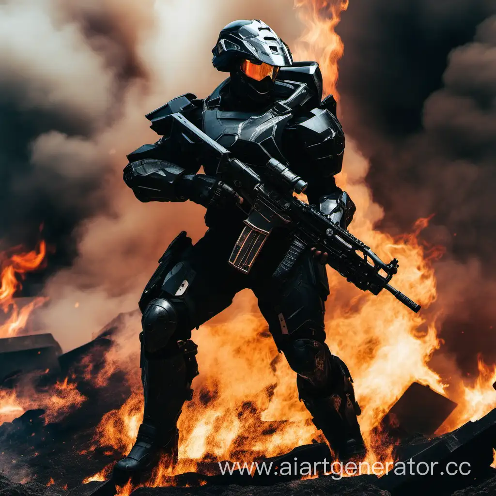 Futuristic-Black-Armored-Soldier-Emerging-from-the-Flames-with-Dual-Weapons