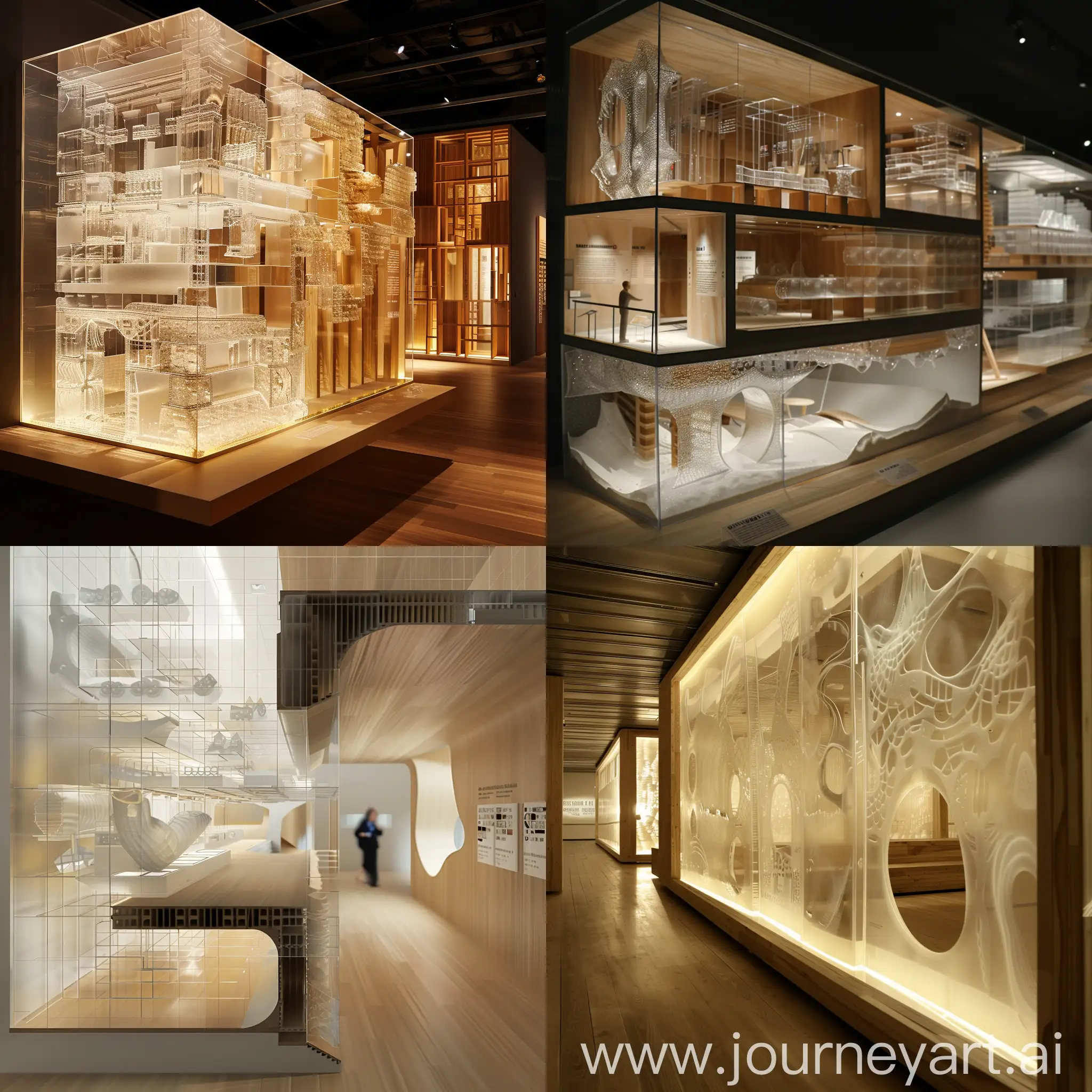 imagine a section of a  museum that shows that the external is made out of plastic byblock and the interior out of wood