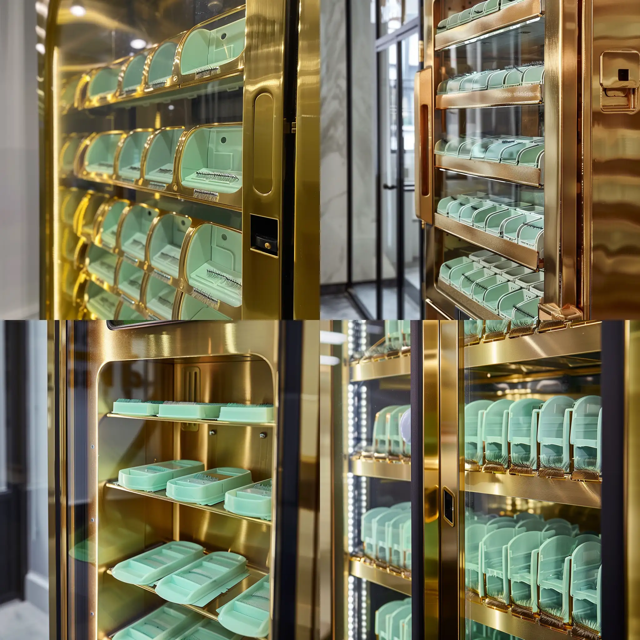 gold vending machine from 2 metres away, containing mint green eyelash extension trays in rectangle shapes, 