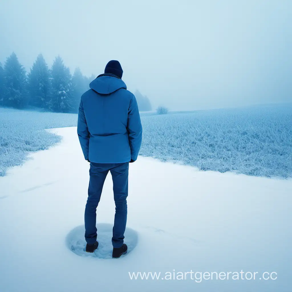 Парень на фоне снежного пейзажа в голубых оттенках