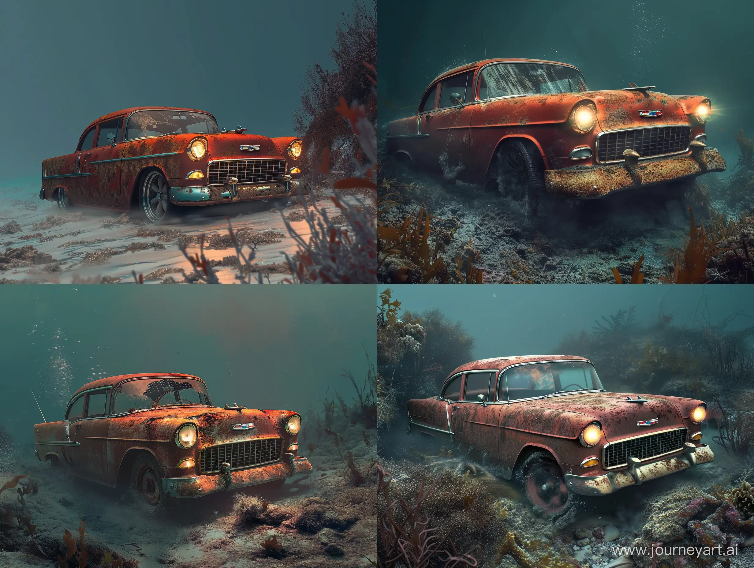 Photographic and hyperrealistic style of a car driving along the seabed, exploring it, the car is a chevrolet bel air 55, red color, it is rusty but still has the lights on