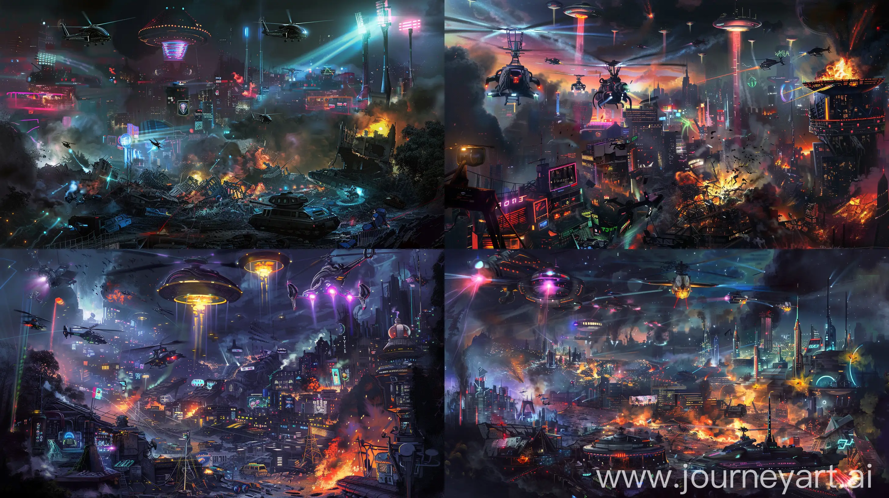 A detailed painting depicting an alien invasion of a night city, showing the best quality. The scene conveys a dramatic atmosphere with bright colors and a clear focus. The urban landscape is filled with futuristic buildings and neon lights, which creates an atmosphere of science fiction. Alien spaceships are depicted in various shapes and sizes, with glowing lights and advanced technology. The invasion is intense, destroyed buildings, smoke and fire are visible. There is human resistance here, demonstrating the resistance of the armed forces with the help of helicopters and tanks. The overall color scheme is dark and mysterious, with a strong contrast between the bright alien lights and the darkness of the city. The lighting is impressive, powerful spotlights illuminate what is happening --ar 16:9 --style raw --v 6.0