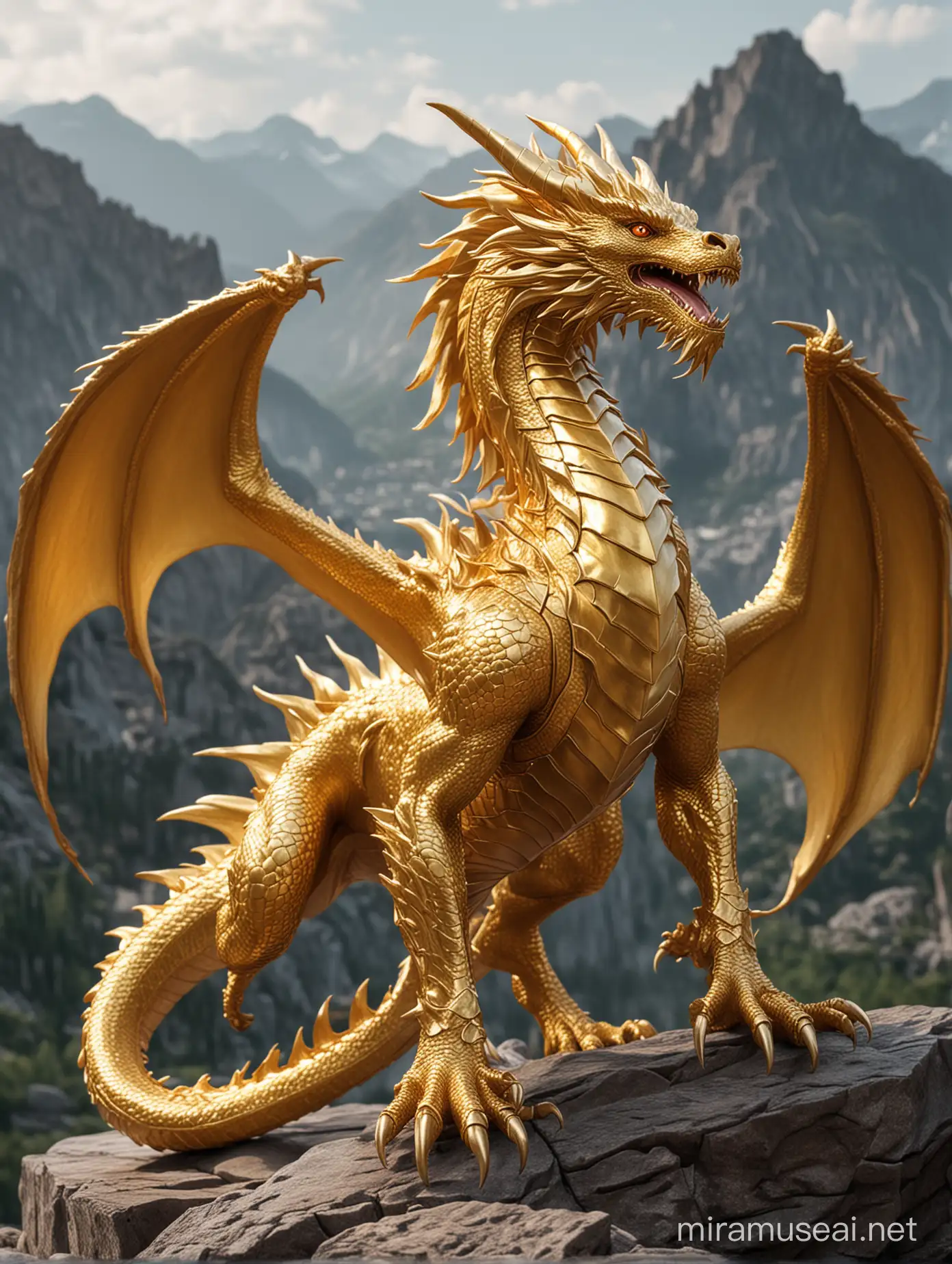 Majestic Gold Dragon Soaring Across Mountain Peaks