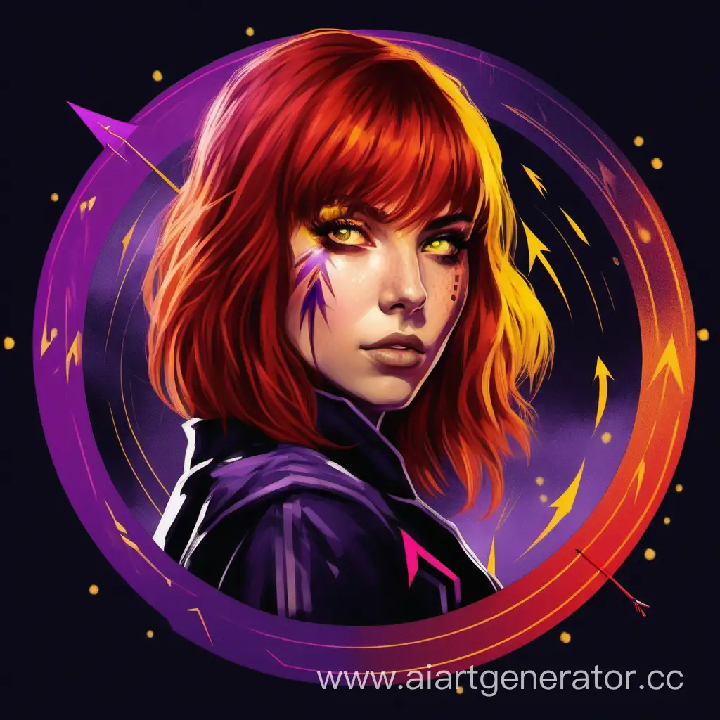 Circle icon with purple and red fire with young woman with shoulder-length red hair, short bangs and yellow-green eyes, with black eyeliner with arrows