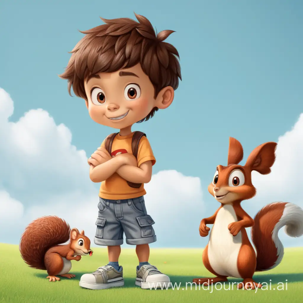 Cartoon boy standing next to squiril