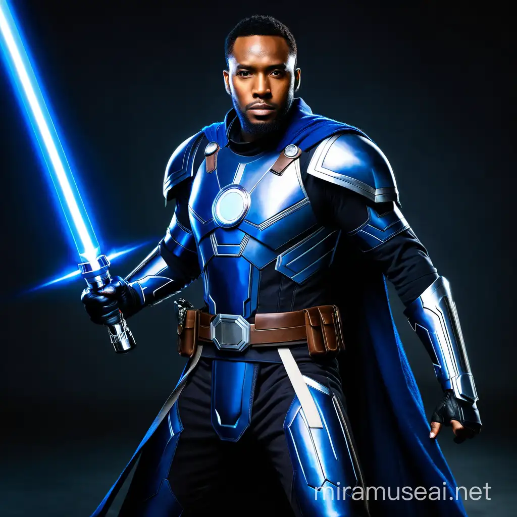 A hyper realistic image of Blue Marvel as a Star wars Jedi wearing blue armour and a brown cowboy hat, holding a white lightsaber, 