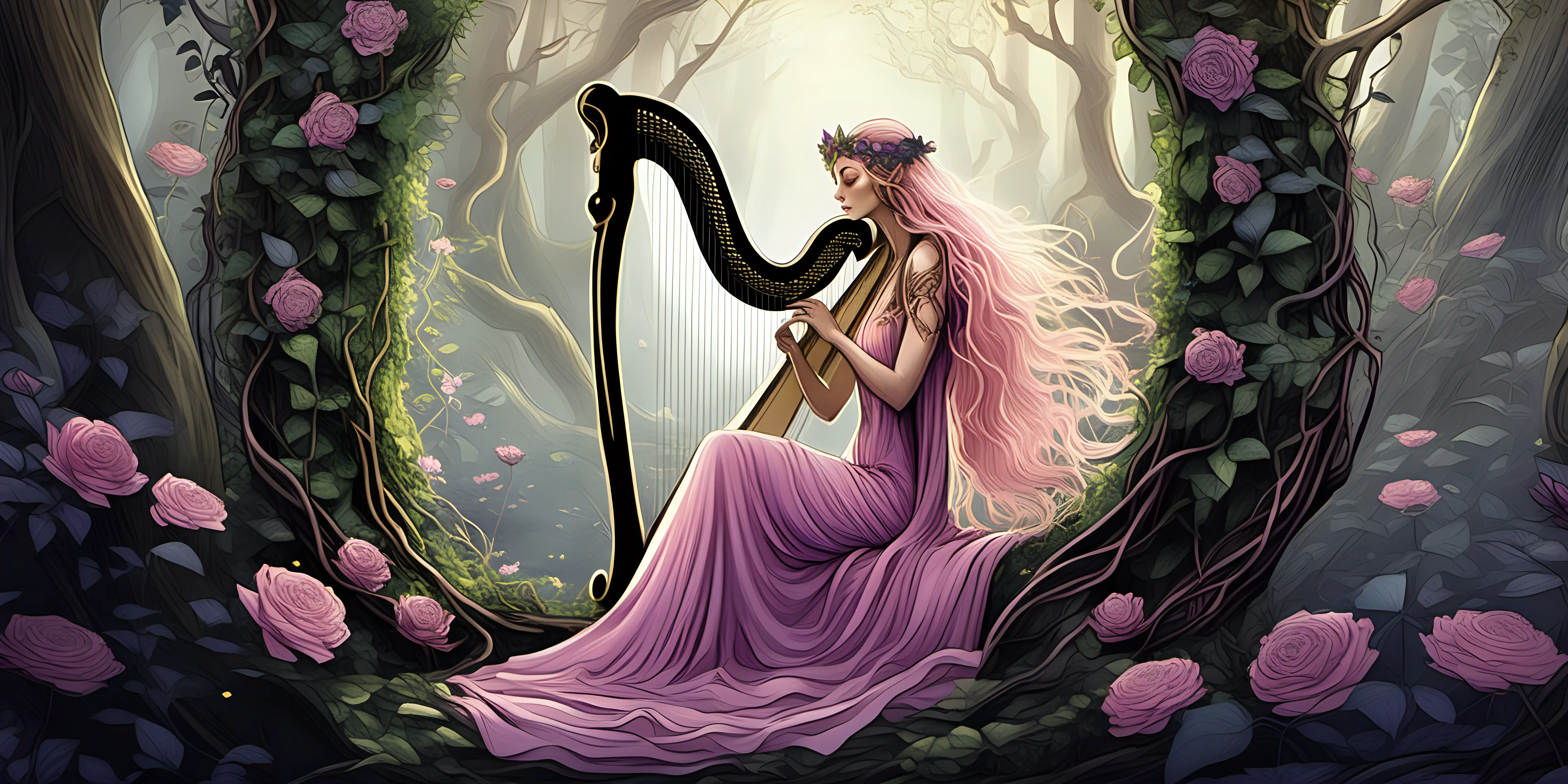 elven lady  playing a harp ,she is dressed in a pastel pink long flowing dress covered in vines & flowers , she has  long purple fingernails, the surroundings is an ancient forest  with arches made with vines