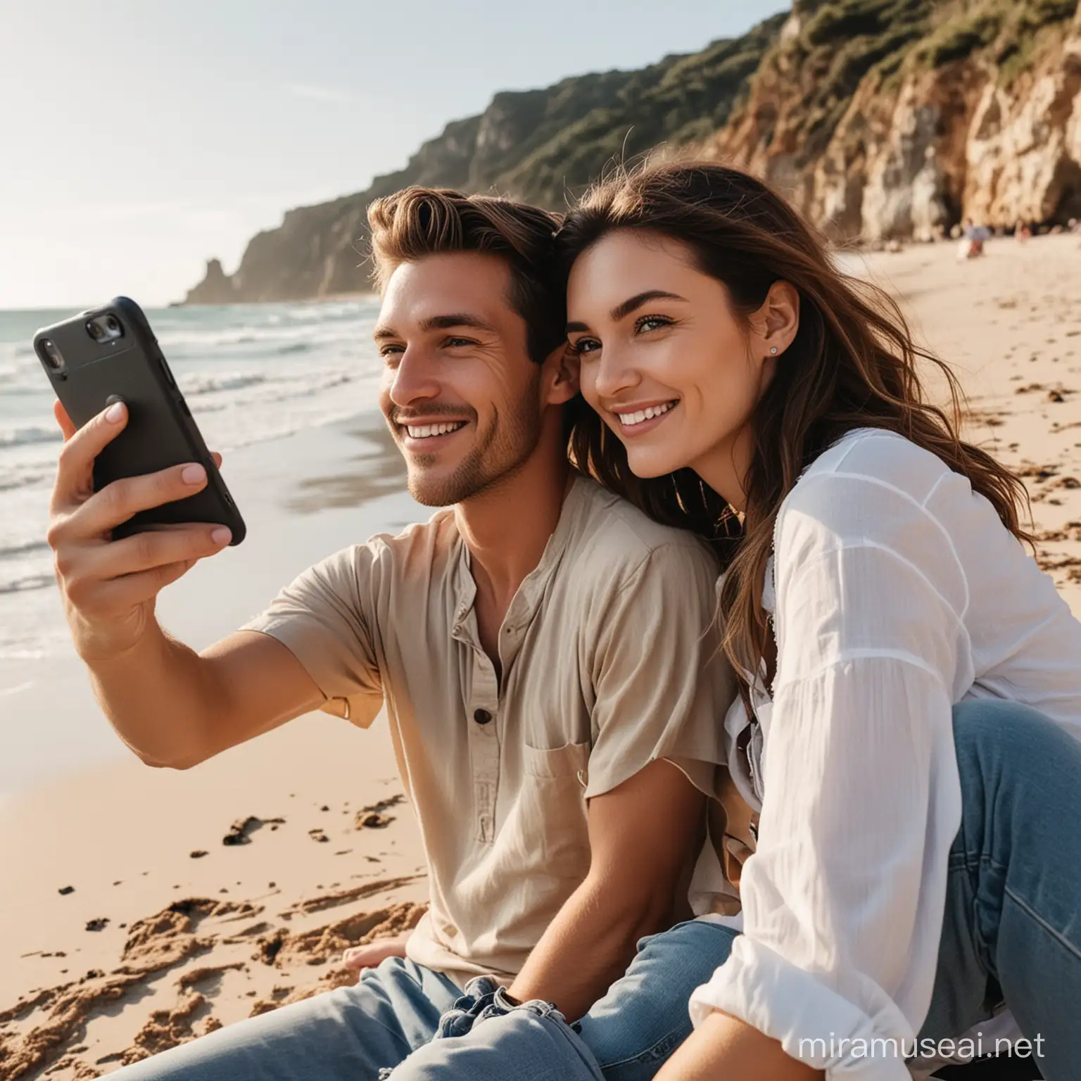 Profile angle of a couple sitting on the beach and taking a selfie with a small camera