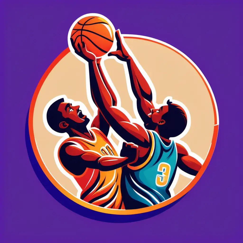
A round icon for a basketball game. The theme is a player attempting a block, with a large hand trying to cover another player's shot. The defending player has a desperate expression. The colors are vibrant and lively, with a simple and clear composition.  The player attempting the block should be the main focus of the image.