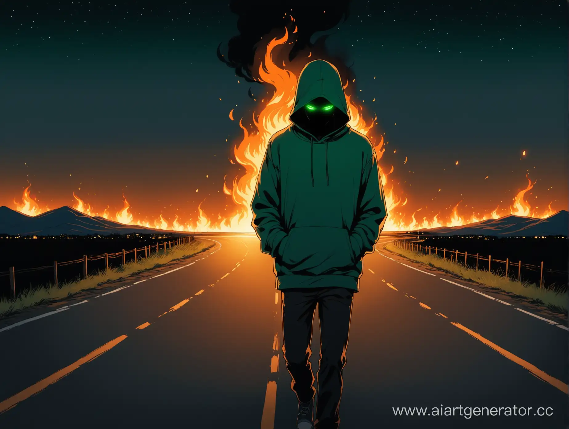 Mysterious-Figure-in-Hoodie-Strolling-on-a-FlameEngulfed-Pathway-at-Dusk