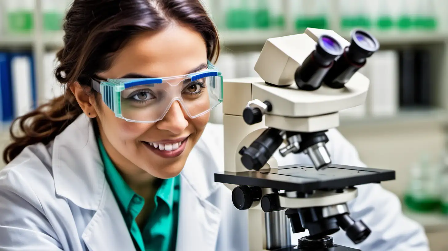 Smiling Hispanic Woman in Lab Coat Examining Microscope in Bright Laboratory