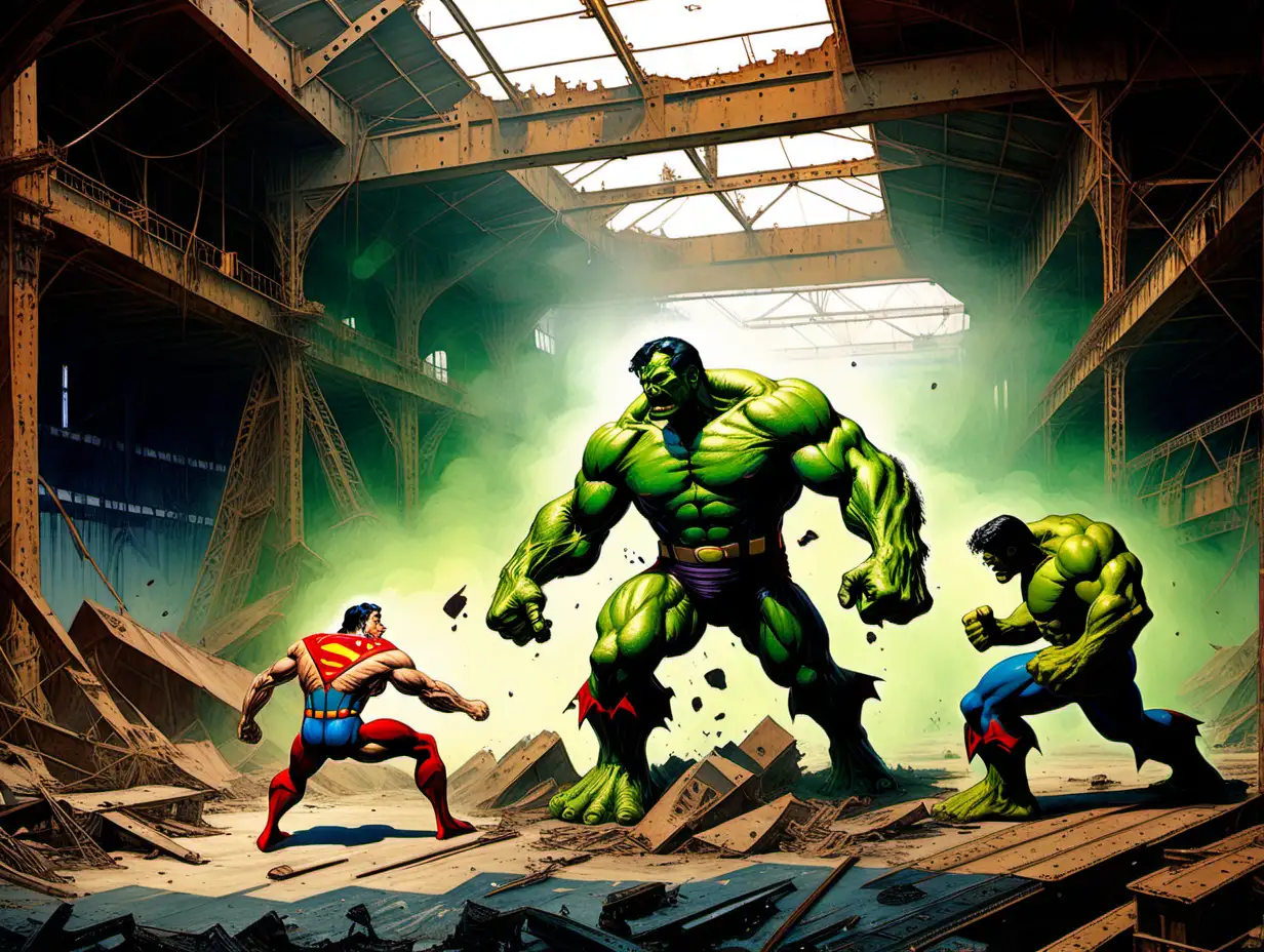 Frank Frazetta style Superman fights the hulk in an abandon shipyard
