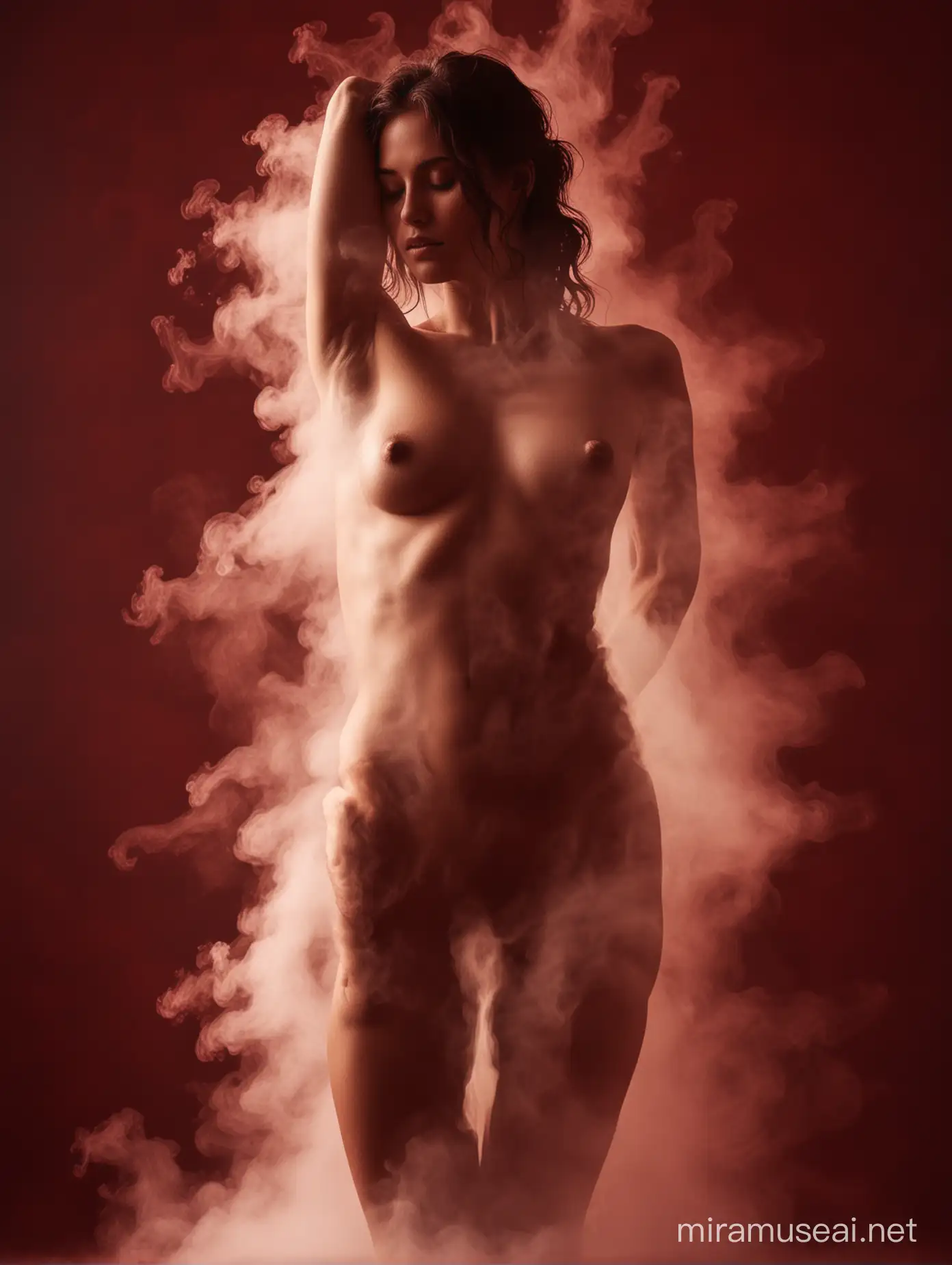 silhouette of nude woman's body made from steam on dark red backround.