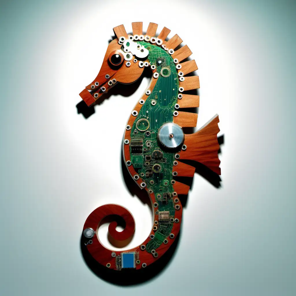 Wooden Seahorse Sculpture with Electronic Circuit Elements