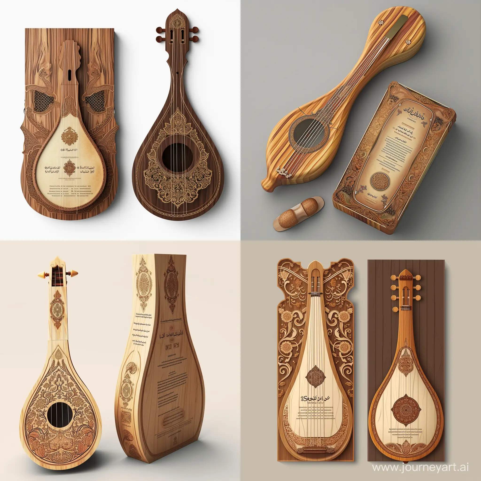 Imagine an image of packaging shaped like a Setar or Daf, using earthy, wooden colors with ornate details. The material should be wood or wood-effect for authenticity, featuring elements mimicking the instrument's strings or skin in the graphics. Use an elegant, traditional font for the text. Vary the size based on the instrument, including a history of the instrument and product information. Celebrate Iran's musical heritage to attract customers interested in music and cultural uniqueness.realistic style