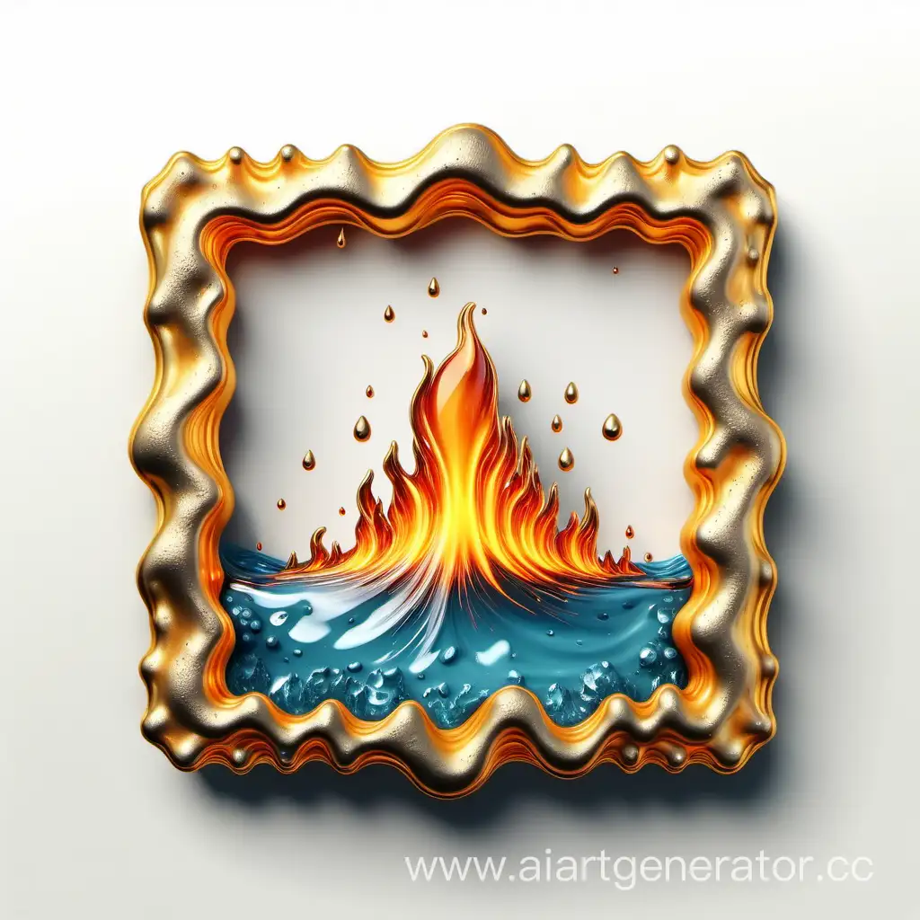 simple icon of a 3D water golden lava vintage frame, made of lava. white background.