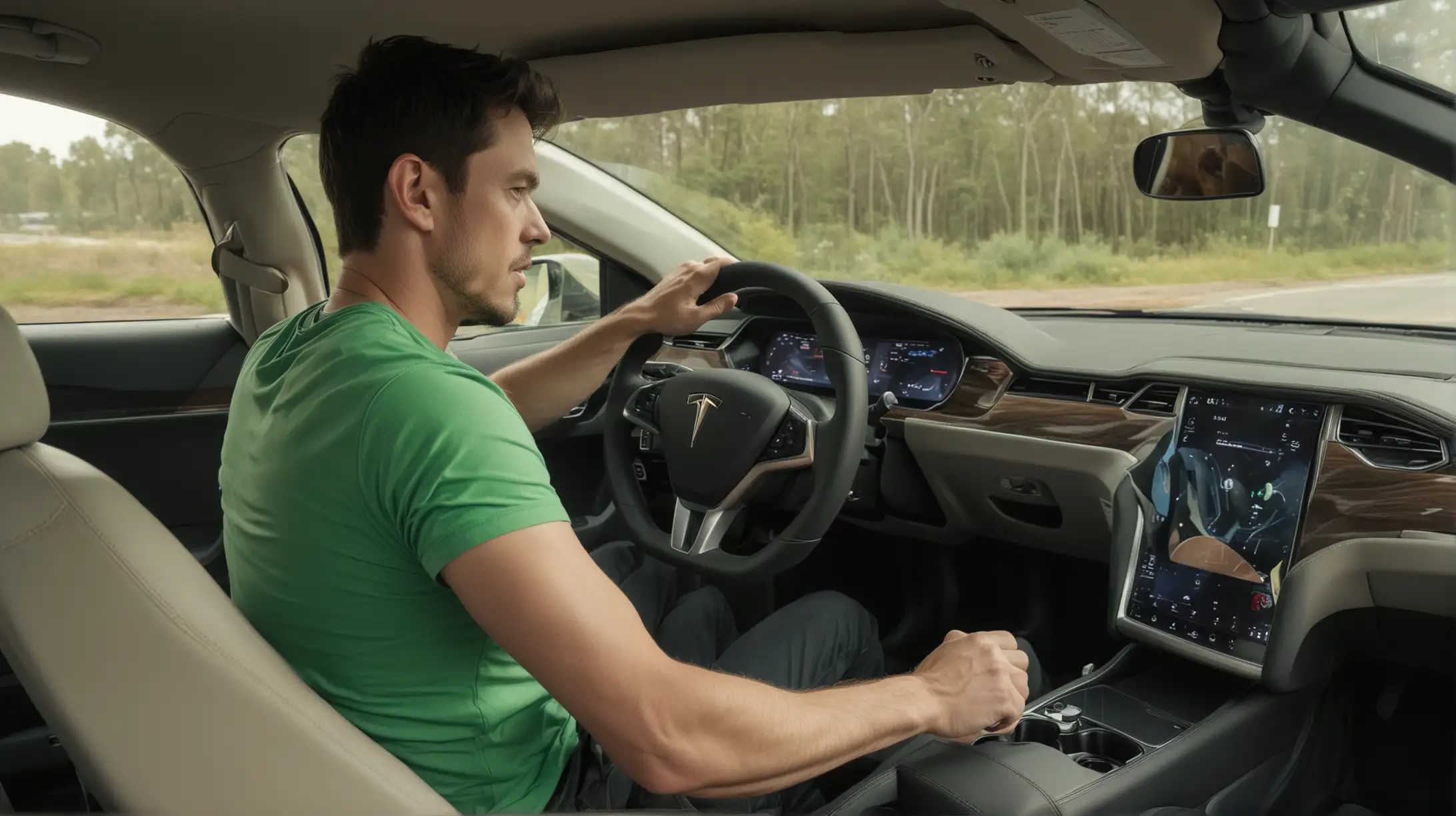 a man wearing green top driving his tesla car. Inside back interior shoot
