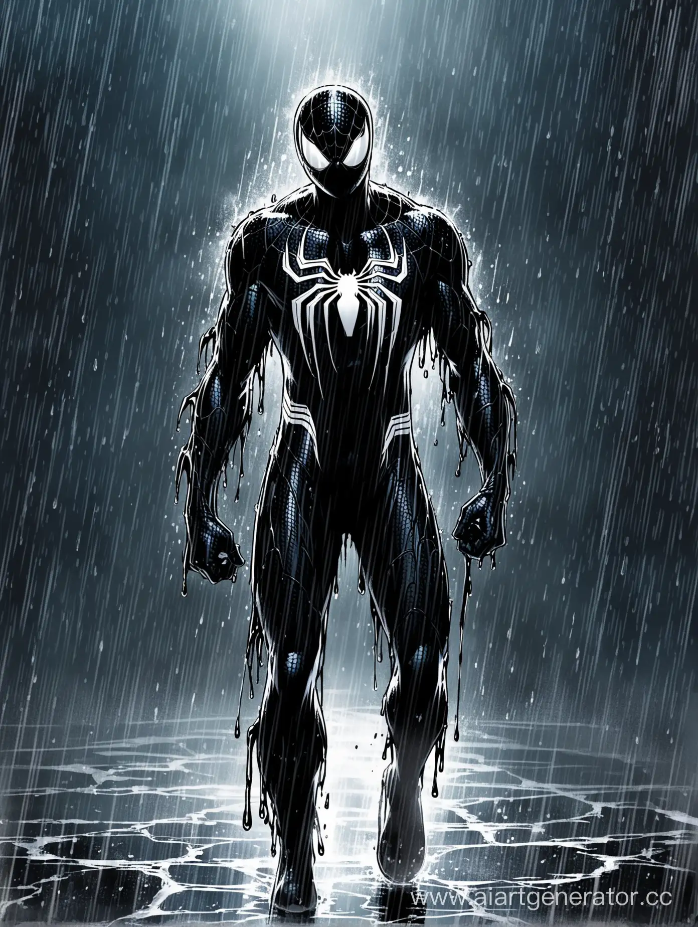 黑化彼得帕克穿毒液蜘蛛侠战衣露出脸邪魅的脸颊在黑色的雨幕中行走身上满是黑色粘液
