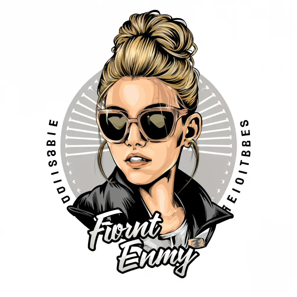 a logo design,with the text 'Front Toward Enemy', main symbol:girl head blonde, high bun hairstyle, wearing sunglasses on forehead,Moderate,clear background