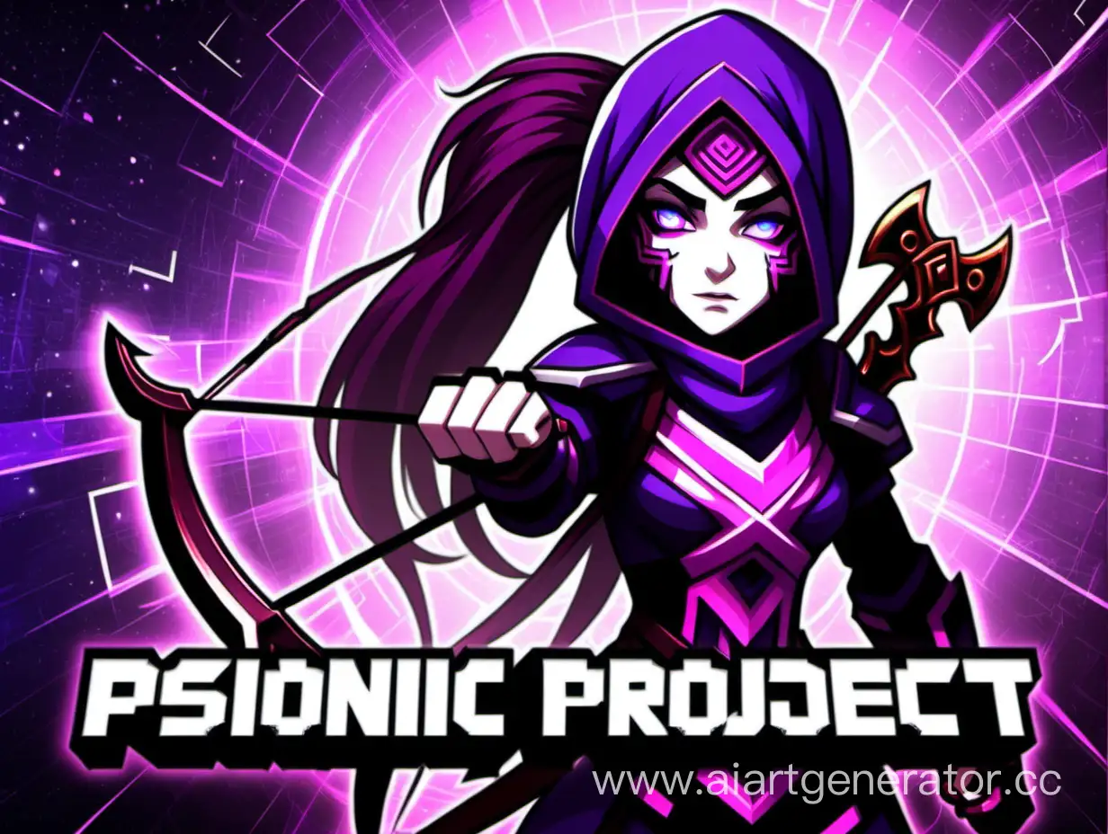 Баннер с текстом: psionic project. На бекграунд аниме девушку templar assasin, которая держит в руках лук из майнкрафта