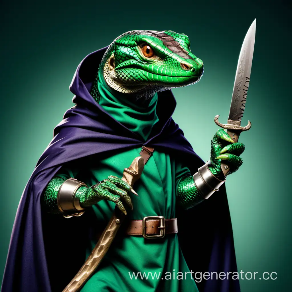 Mystical-Emerald-Monitor-Lizard-in-Cloak-with-Knife