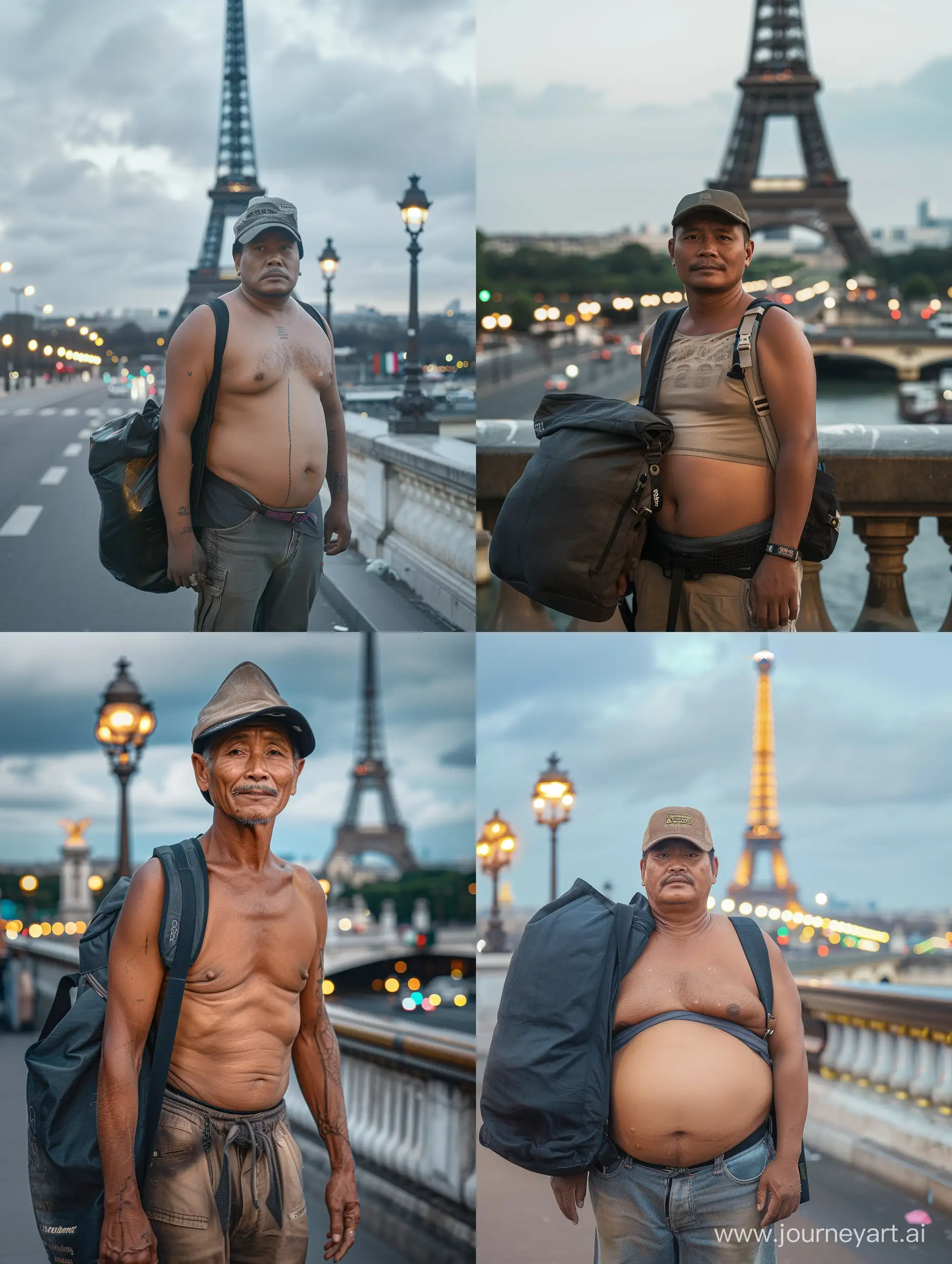 Indonesian Javanese man (25 years old, oval and clean face, slightly fat body, Indonesian-style skin, wearing a trucker and a large black bag, standing pose, photography style front photo, face visible, view of the Eiffel Tower right behind him, lights on around the street and the city, standing somewhere on the Paris Bridge, daytime scene.ultra HD, real photo, very detailed, very sharp, 18mm lens, realistic, photography, leica camera