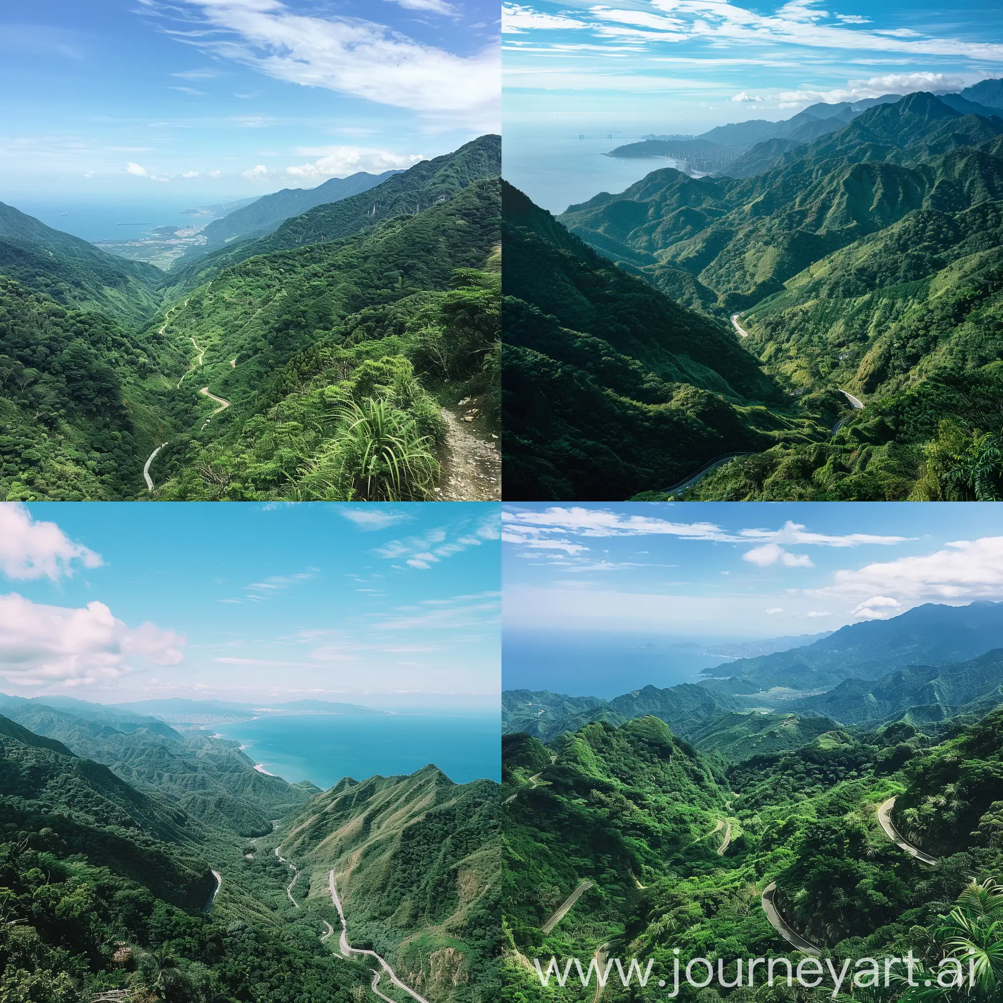 tall rolling lush mountains, deep winding valley, clear blue sky, light fluffy clouds, clear blue ocean, Taipei Taiwan, summer time
