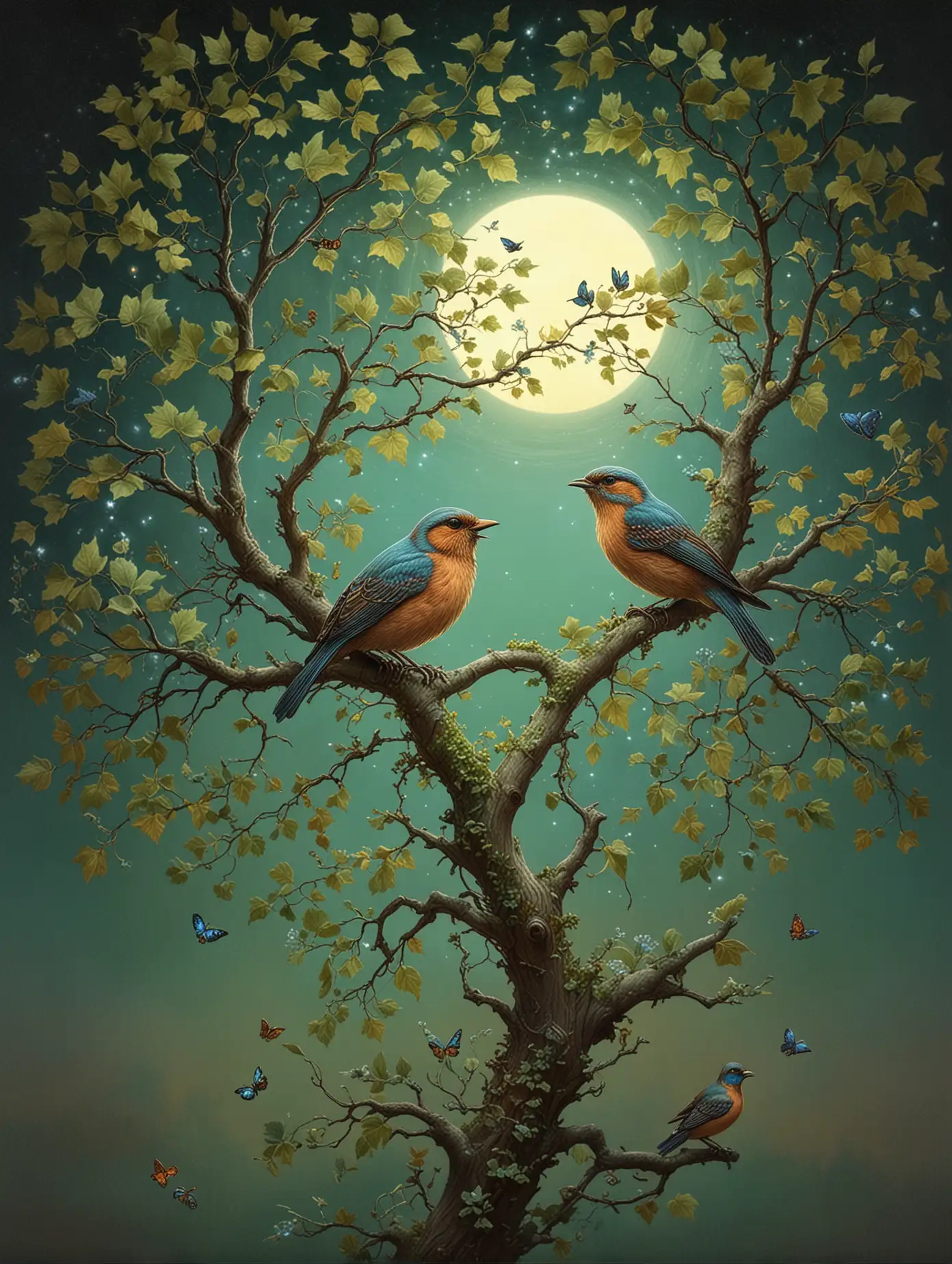 night, two birds singing on a green leaved sycamore tree branch, pastel colors, vintage, kerem beyit, by Daniel Merriam, esao andrews, ornate, by Kerembeyit, inspired by Daniel Merriam, by Jan Kip, daniel merriam, butterfly, highly detailed digital artwork, antique, vintage, dusty, and rugged illustration